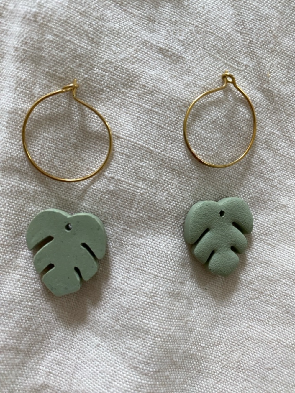 Handmade Monstera Leaf Drop Earrings in Sage Green with Gold Hoops